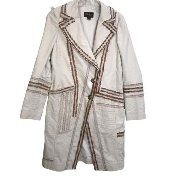 Cole Haan Cotton Lambskin Leather Detail Boho Trench Coat Jacket Fitted Pockets - Picture 1 of 16
